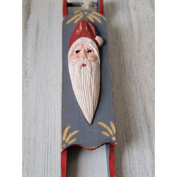 Santa Claus face wooden sled ornament Xmas Decor - Picture 2 of 5